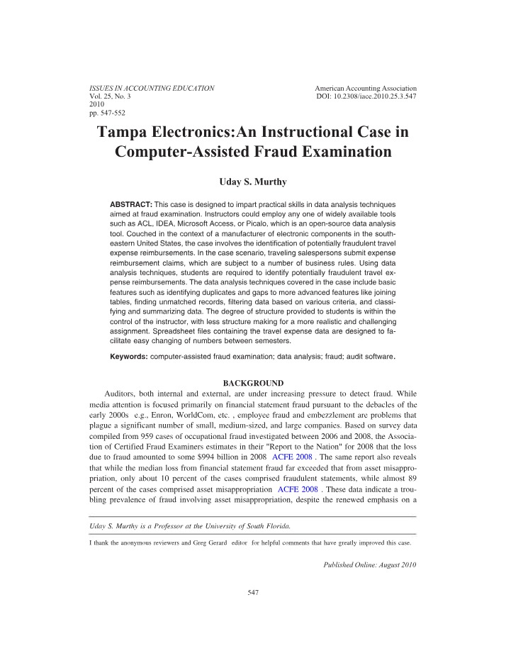 Tampa Electronics Case - Computer-Assisted Fraud Examination