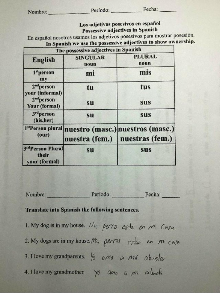 Worksheet on Spanish Possessive Adjectives