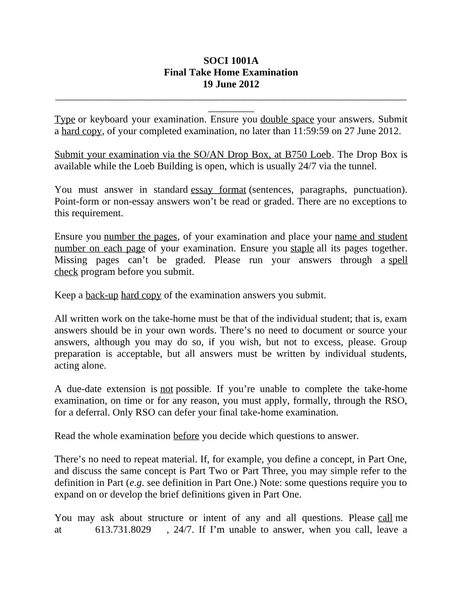 SOCI 1001A 2012 Final Take Home Examination