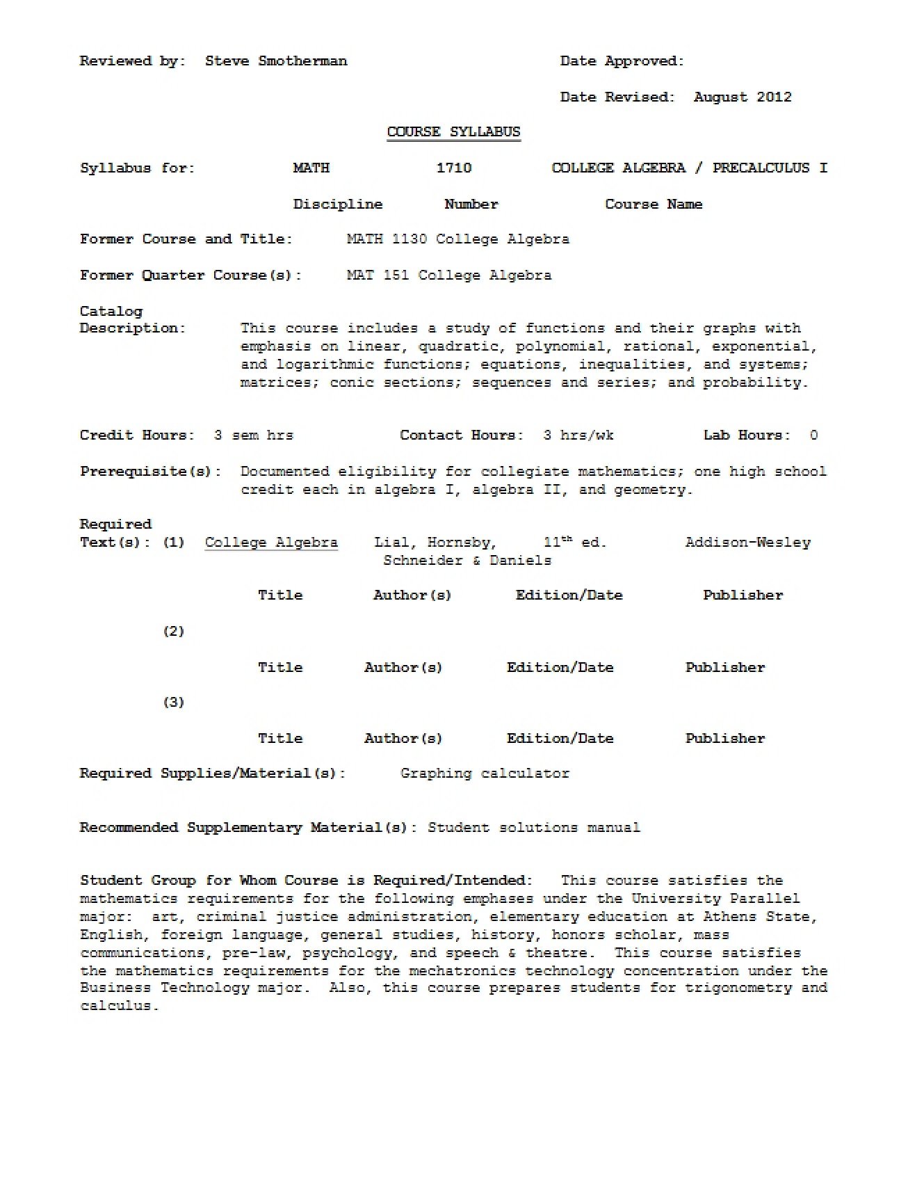 Precalculus I Course Outline