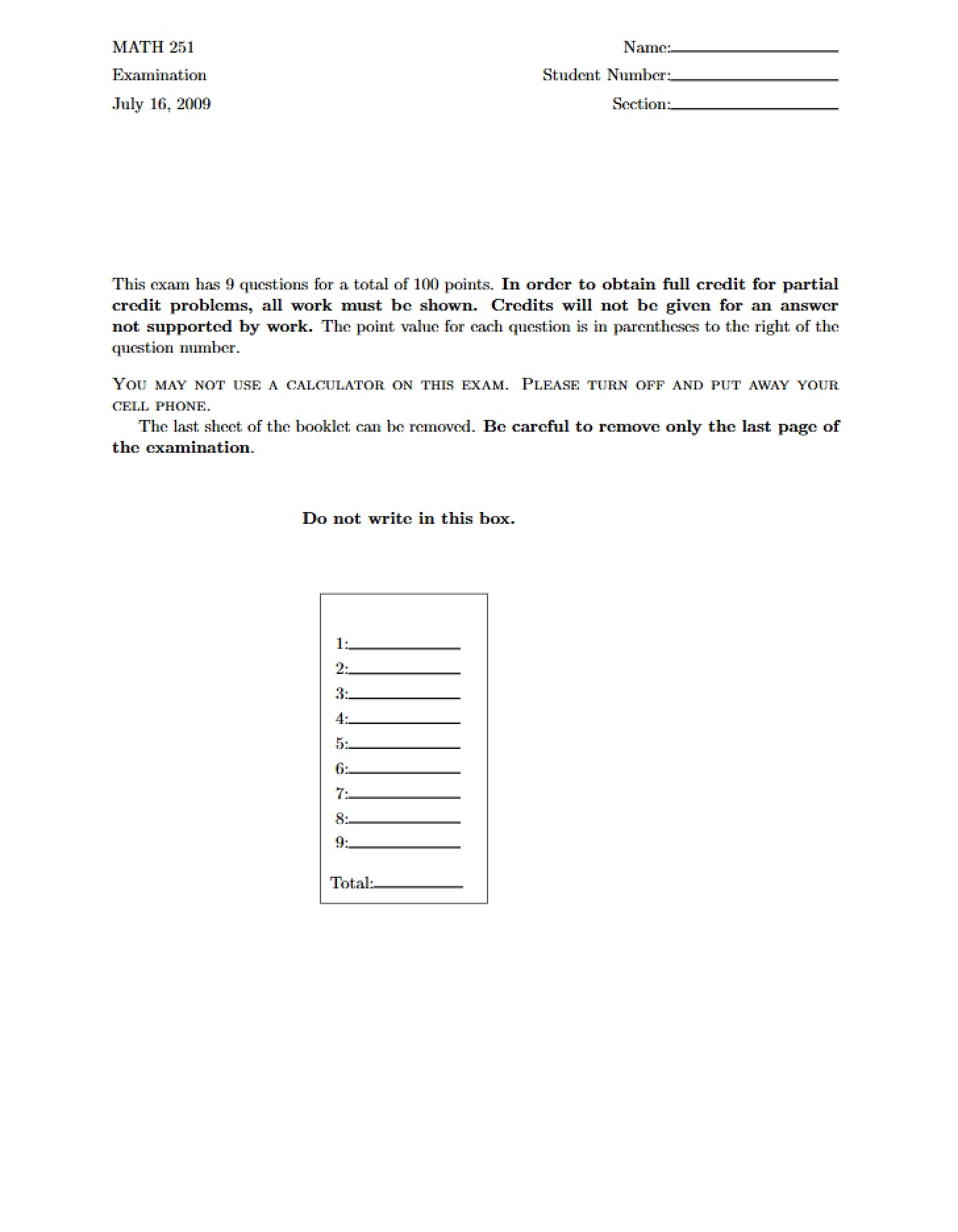 Assessment Math 251 - 10 Pages