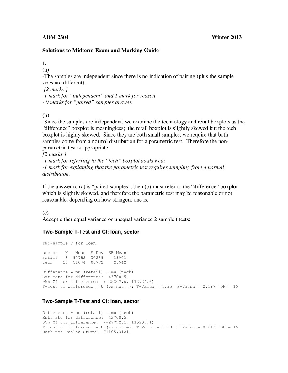 ADM 2304 Solutions to Midterm Exam and Marking Guide Winter 2013