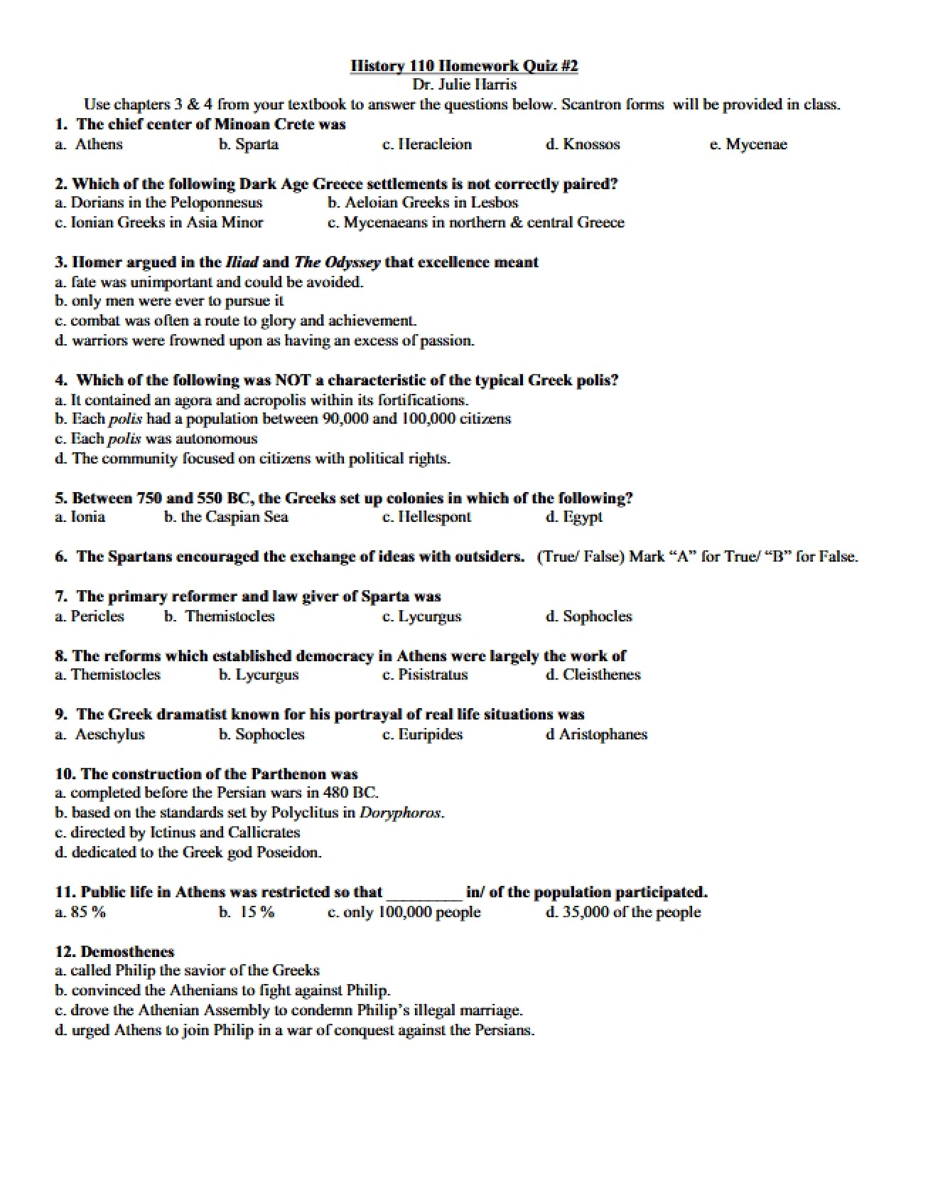 Second Homework Quiz for Western Civilization