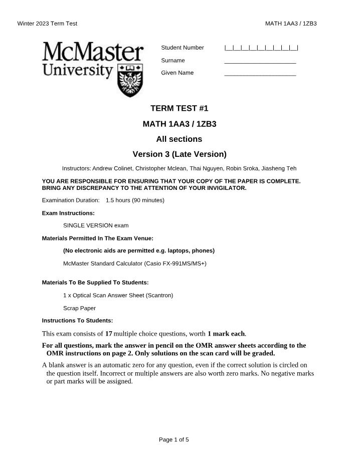 MATH 1AA3-1ZB3 - Winter 2023 Term Test