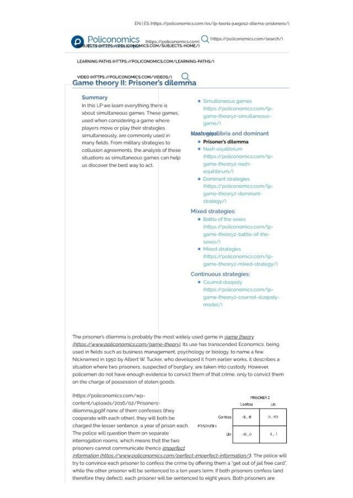 Prisoner's Dilemma Game Theory II - Policonomics