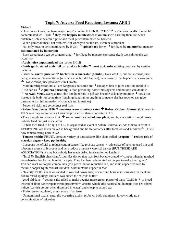 Adverse Food Reactions - Contamination and Risks