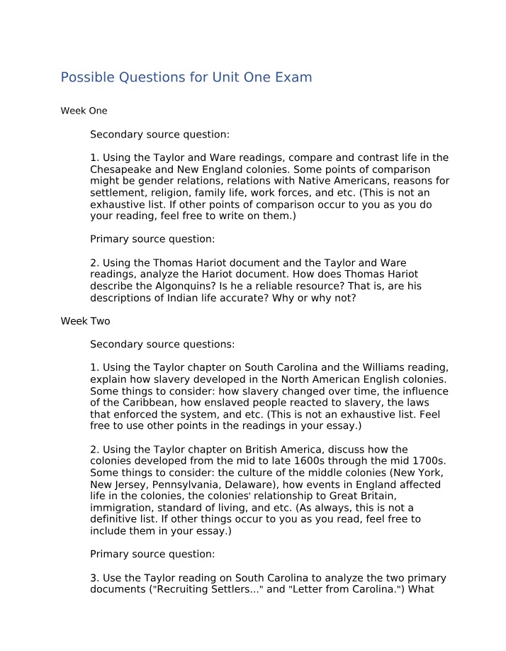 Exam - Life in Chesapeake and New England Colonies