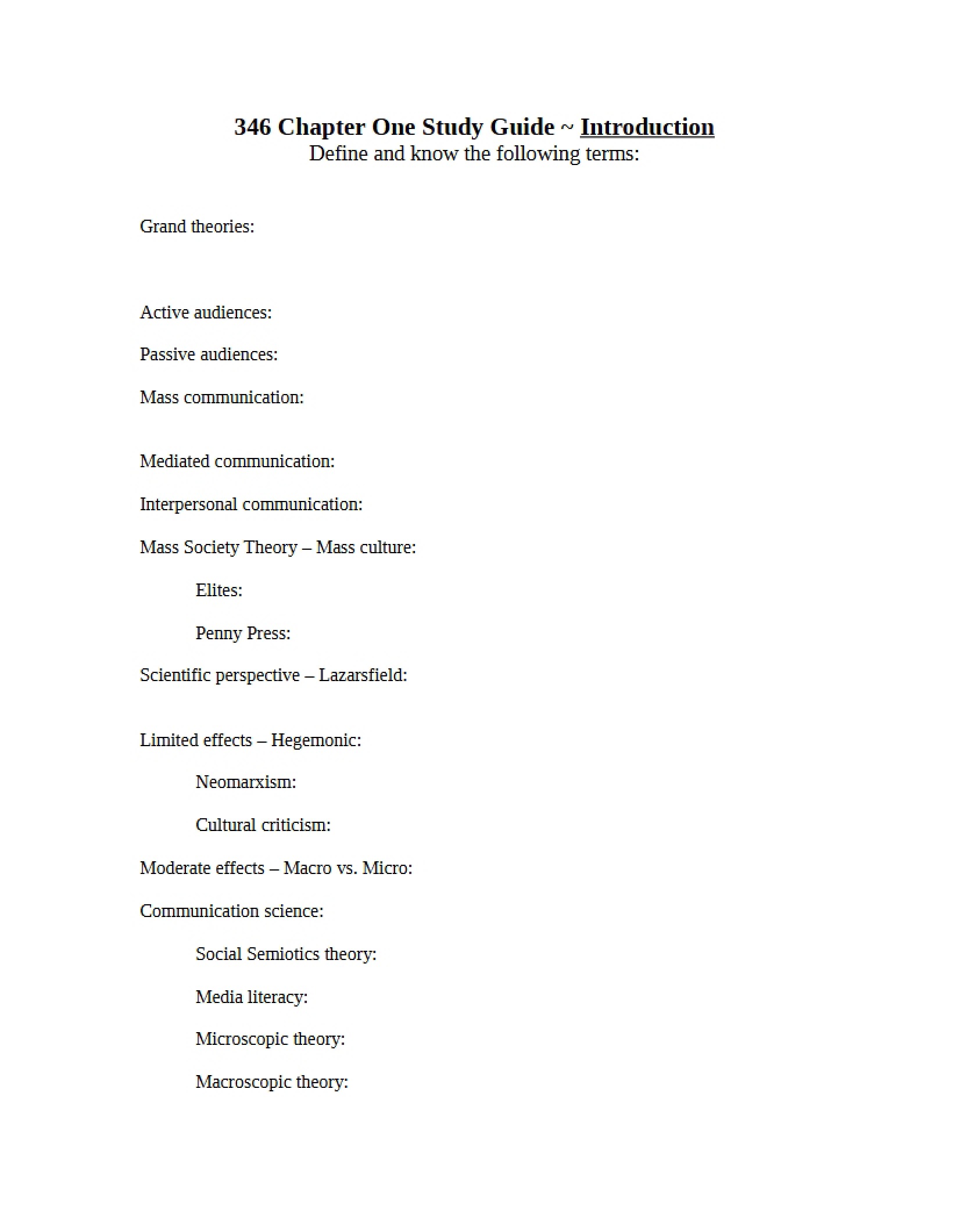 Introductory Study Guide (Chapter One)