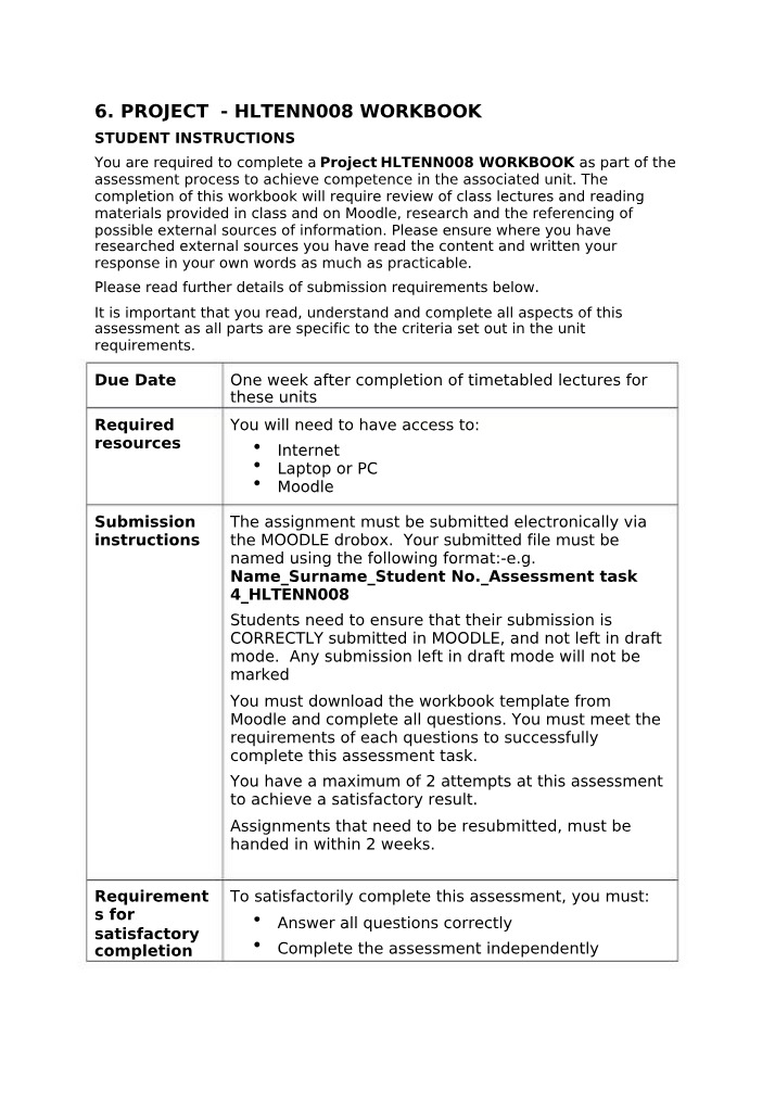 Workbook for HLTENN008