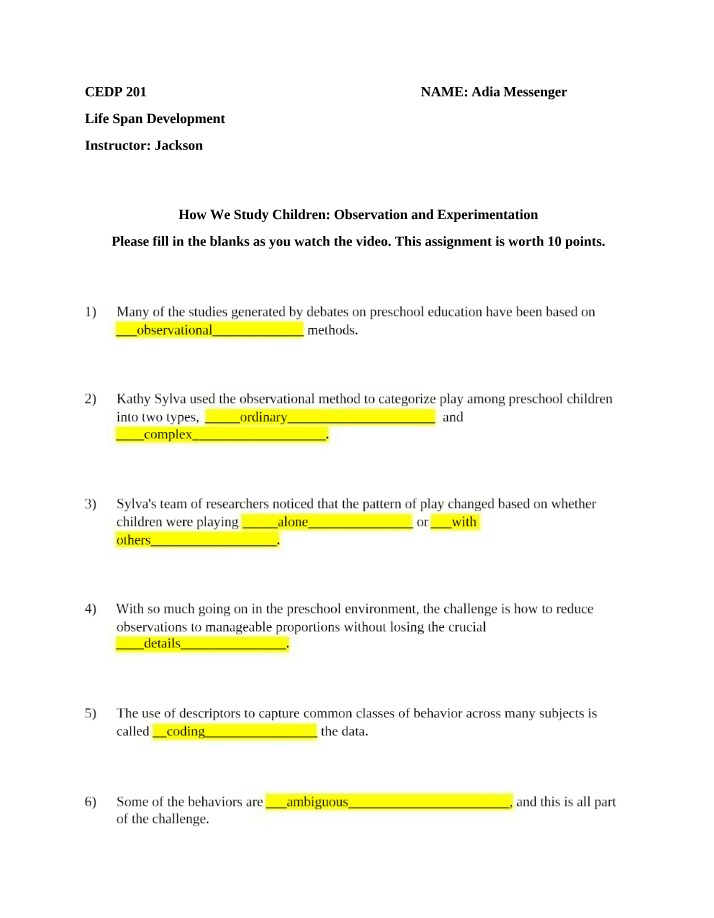 Life Span Development - Observation and Experimentation Assignment