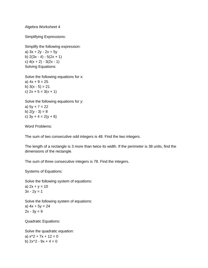 Algebra Worksheet 4 Key