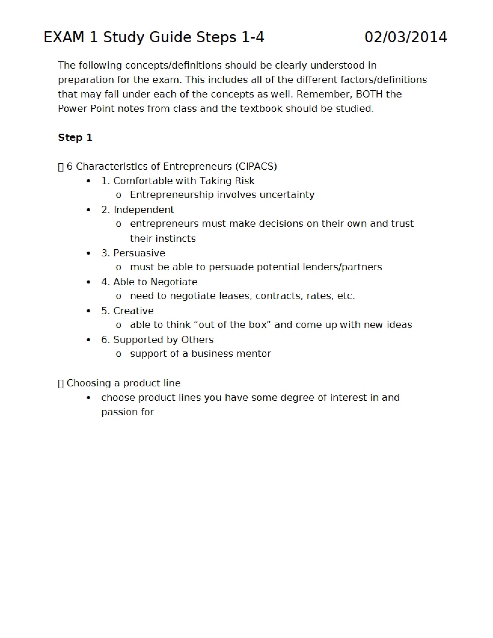Entrepreneurship Exam 1 Guide