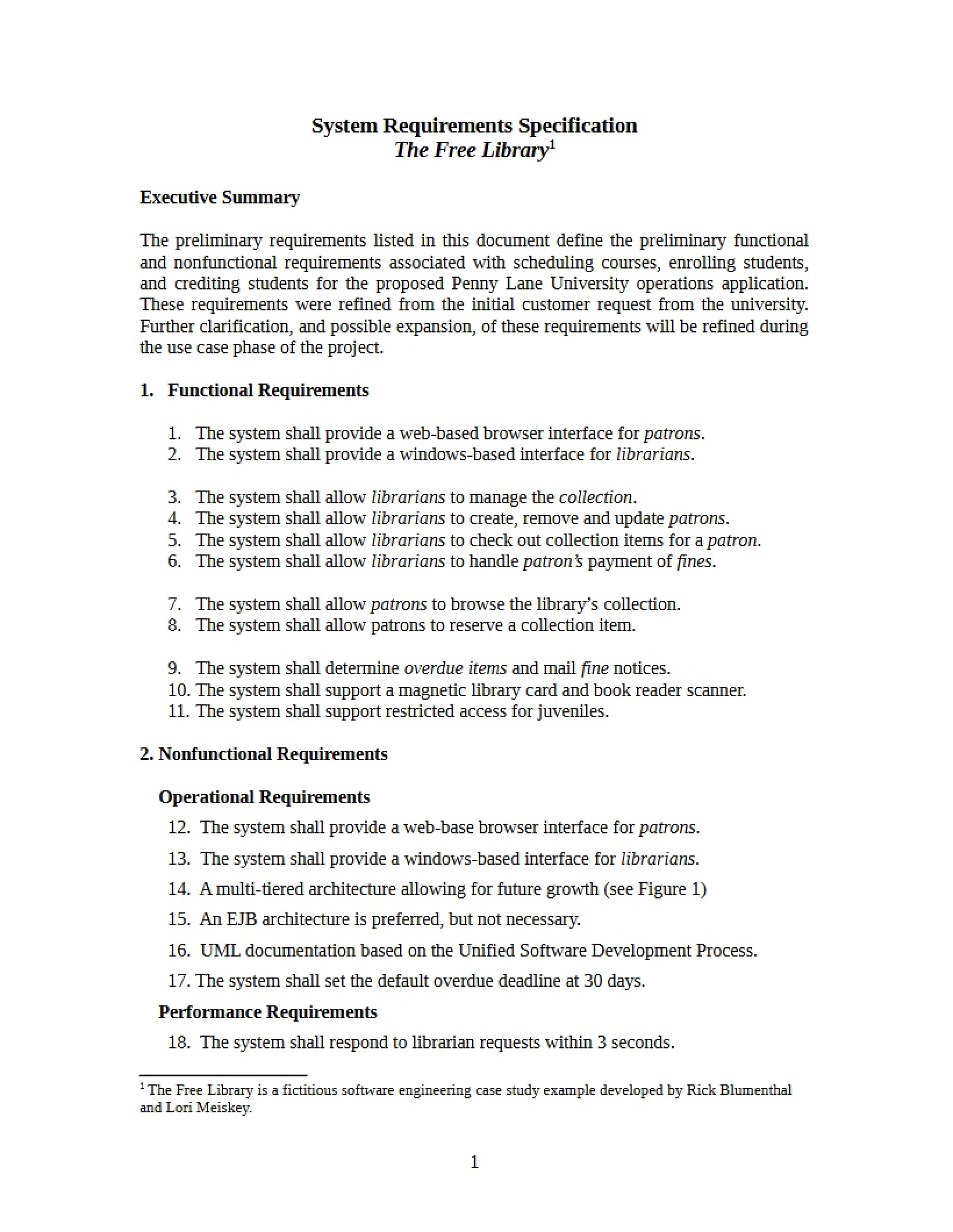 Specification of System Requirements