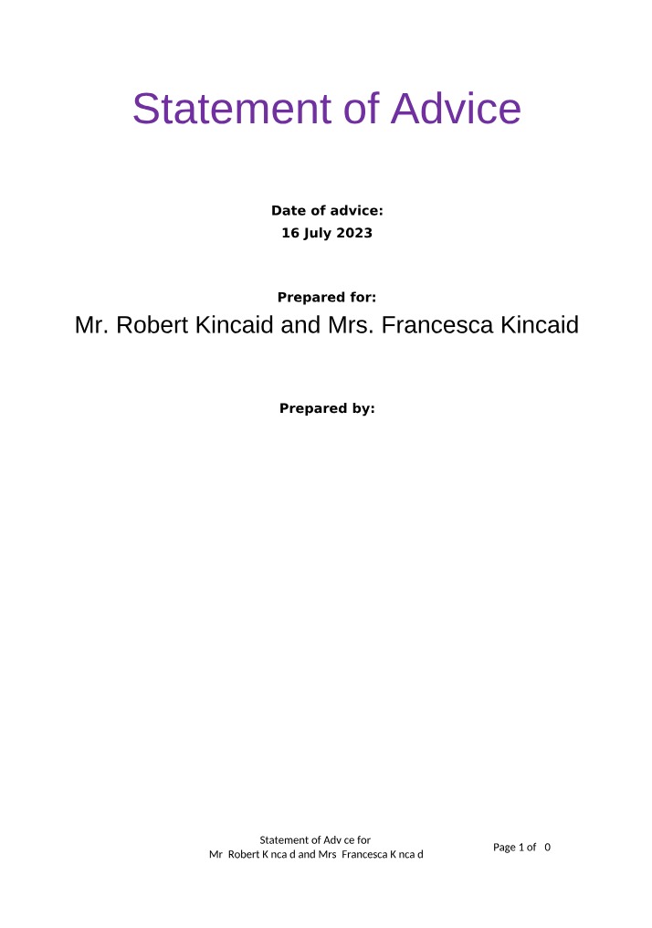 Financial Advice for Robert and Francesca Kincaid