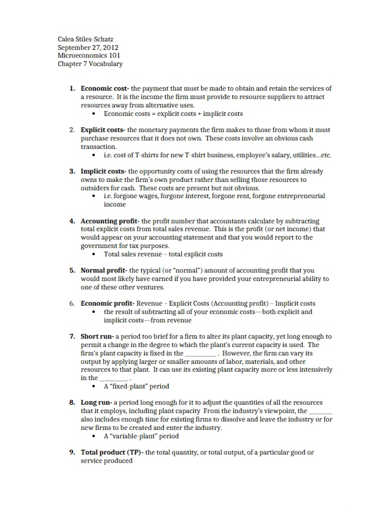 Chapter 7 Economic Cost - 3 Pages