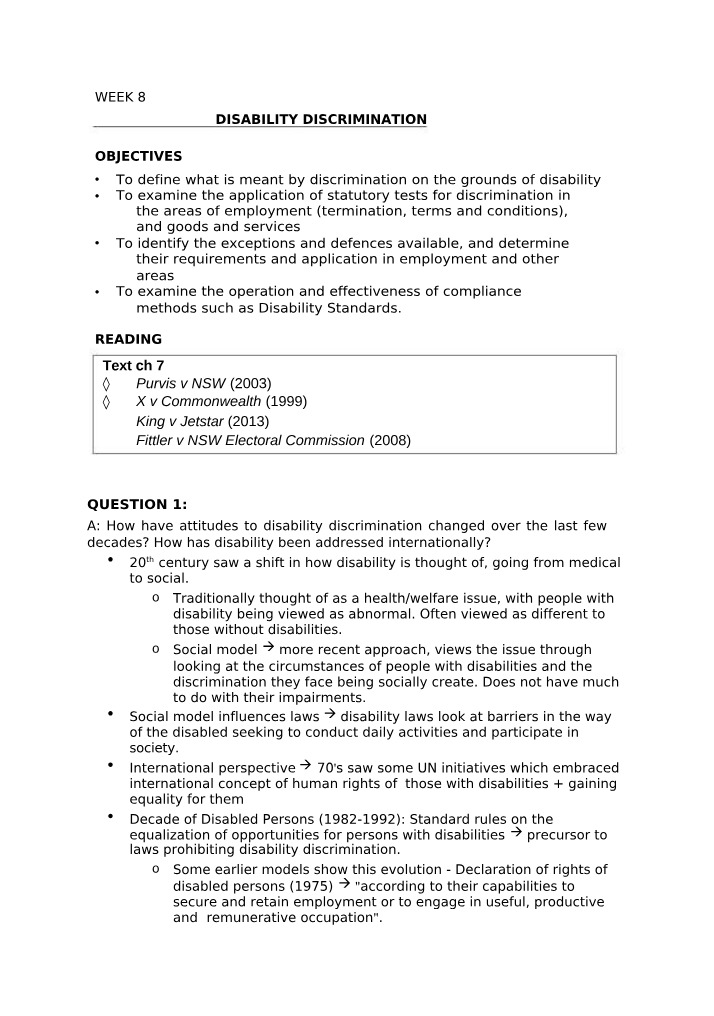 Disability Discrimination Notes - Week 8