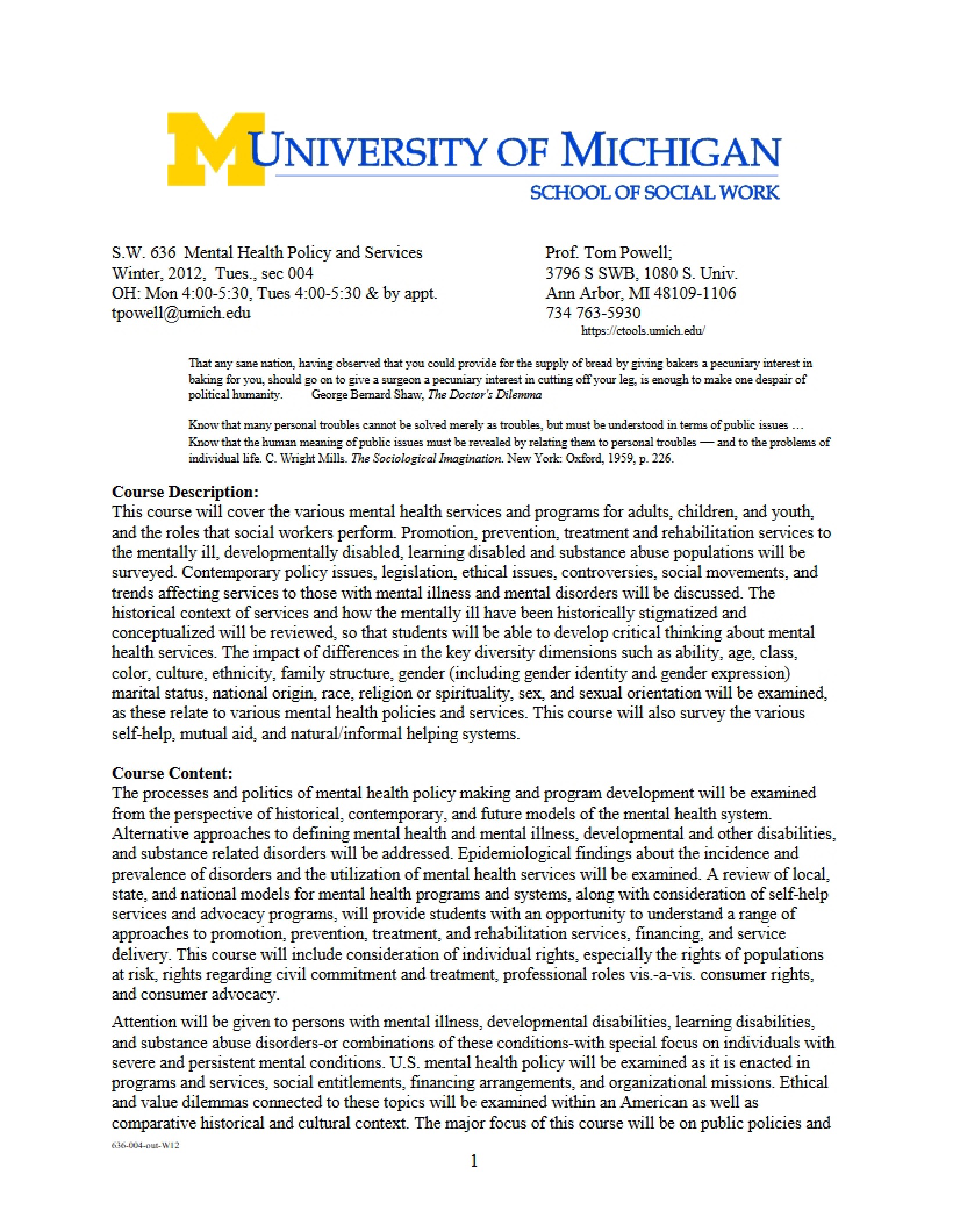 Syllabus for Mental Health Policy