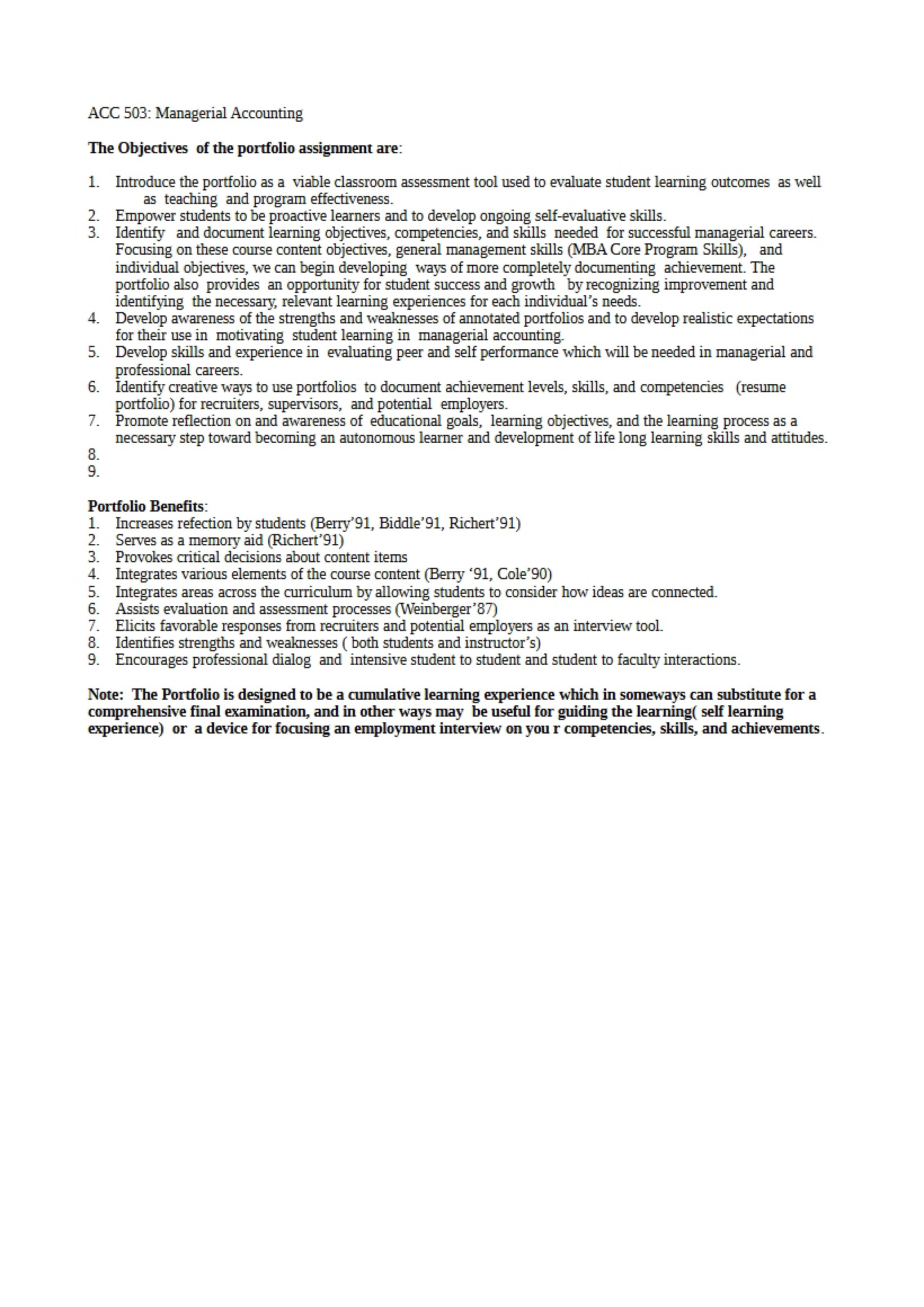Portfolio Assignment Objectives