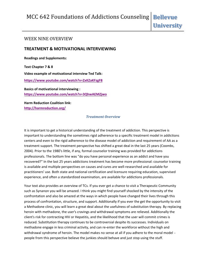 Foundations of Addictions Counseling Notes - Treatment & Motivational Interviewing