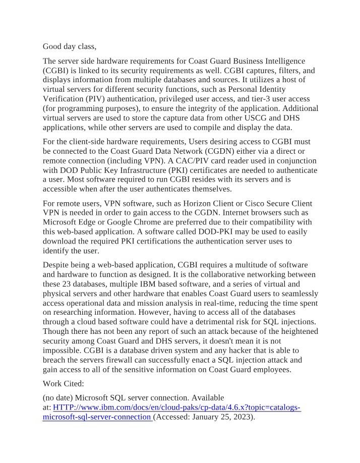 Coast Guard Business Intelligence - Server and Client Hardware Requirements