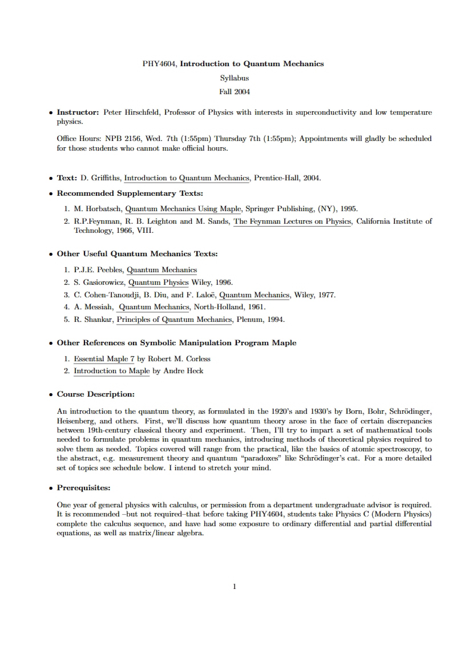 Quantum Mechanics 1 Syllabus