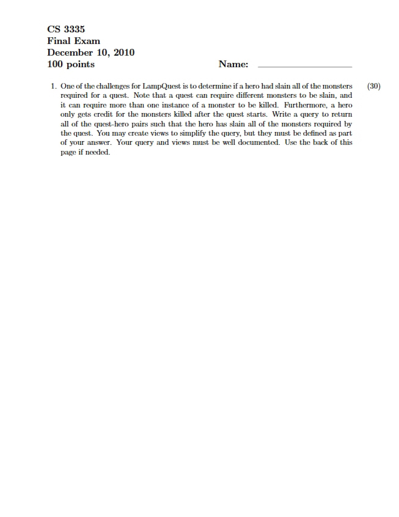 Database Final Examination