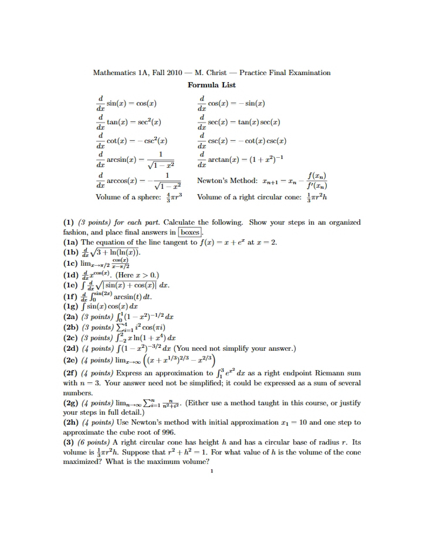 Final Practice Exam (Math 1A)