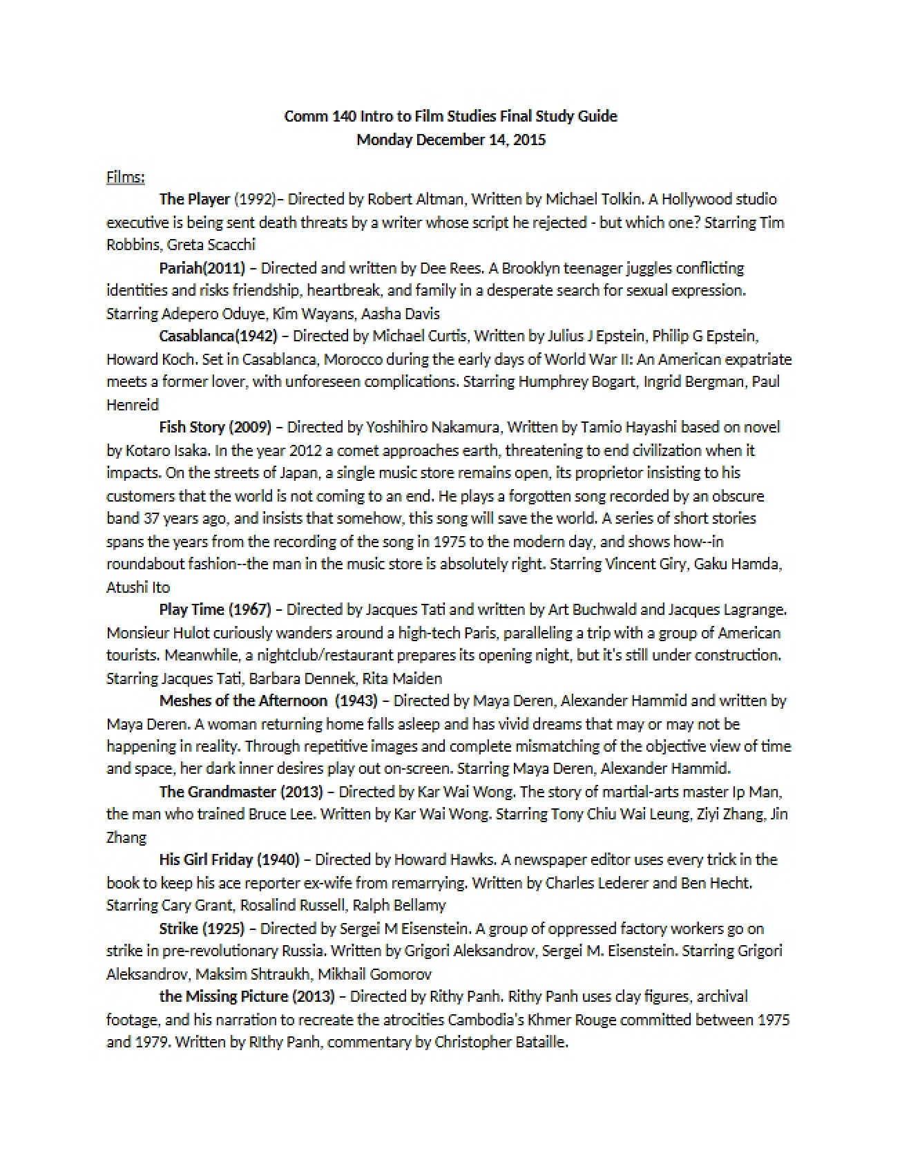 Final Exam Guide for Film Studies