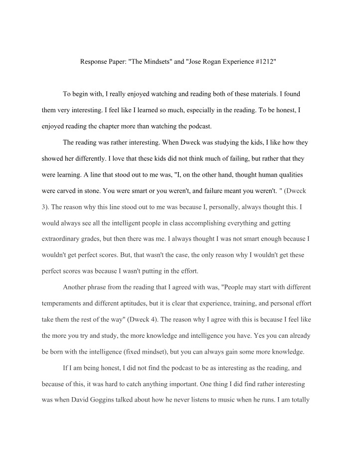 The Mindsets and Jose Rogan Experience - Response Paper