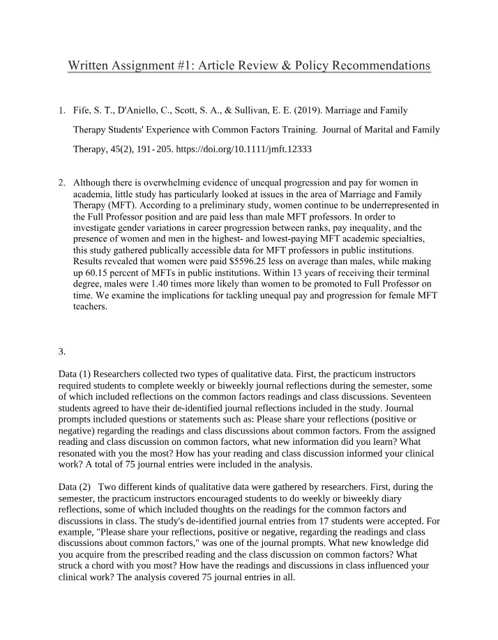 Written Assignment 1 - Article Review and Policy Recommendations
