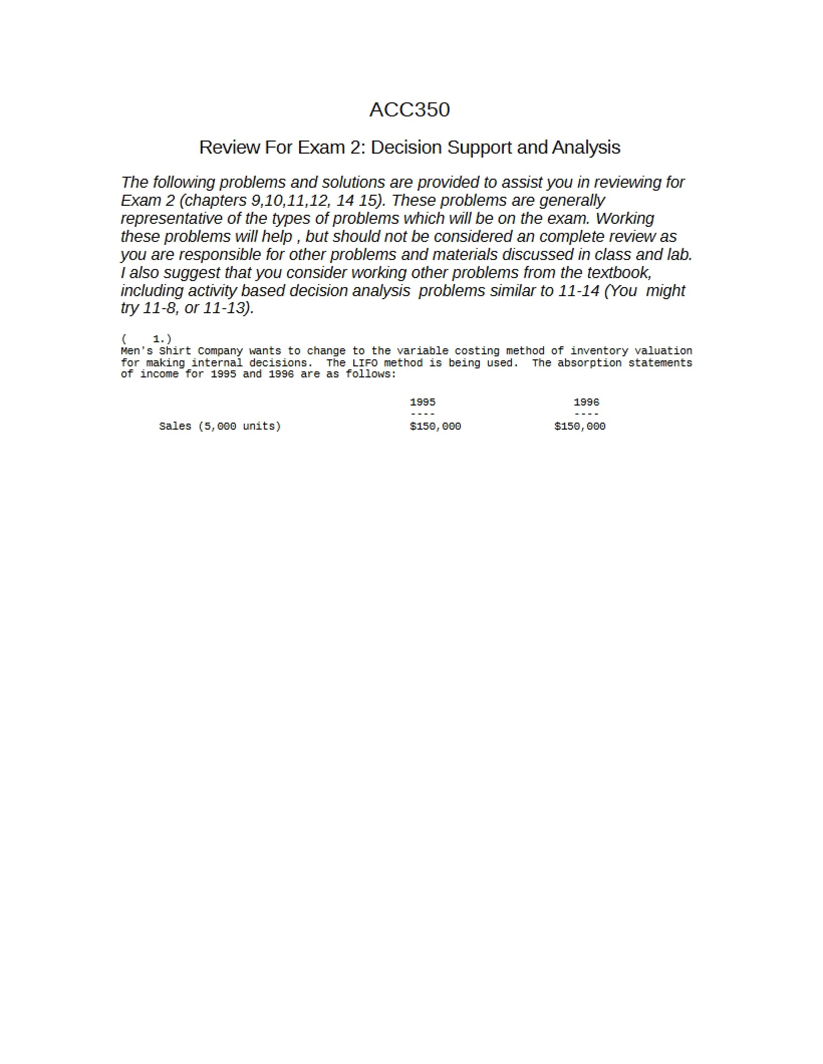 Exam 2 Review Analysis and Decision Support