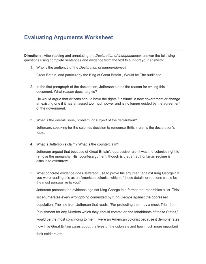 Worksheet for Evaluating Arguments