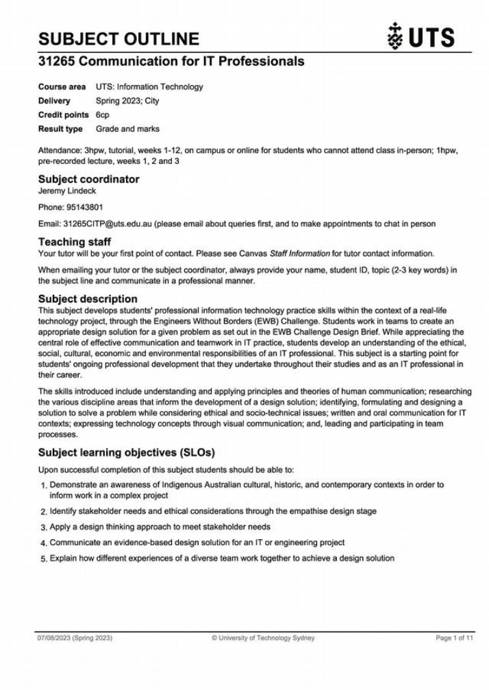 Spring 2023 Subject Outline - Communication for IT Professionals