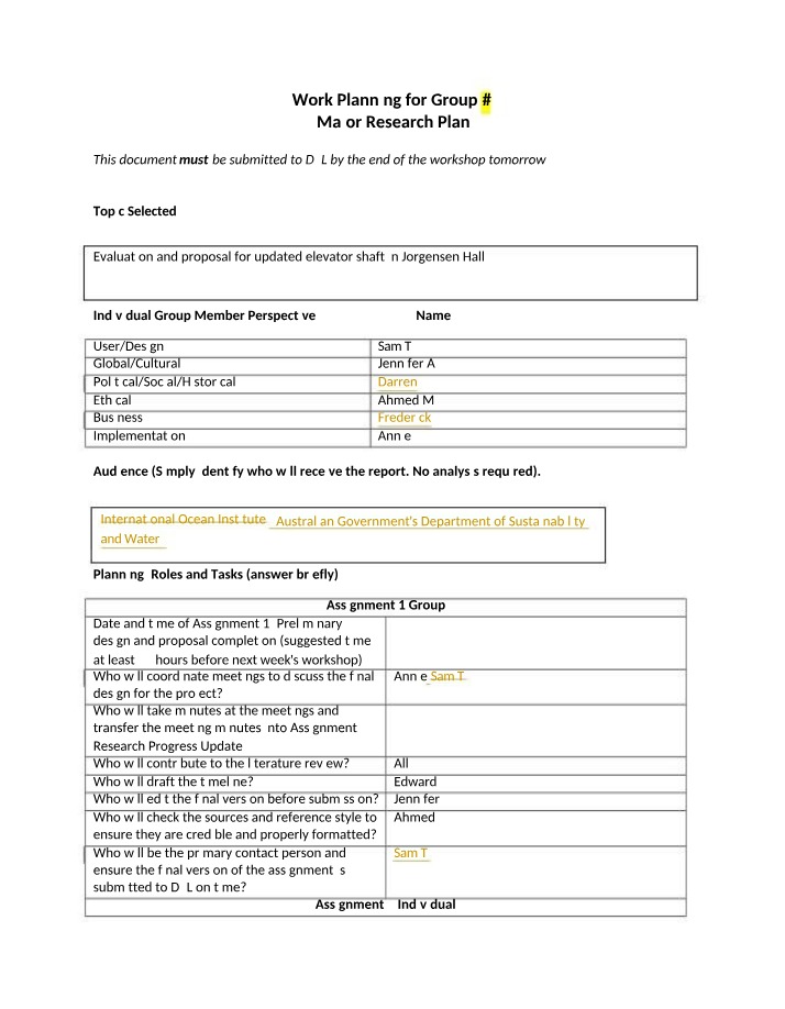 Work Planning for Evaluation - Group Major Research Plan