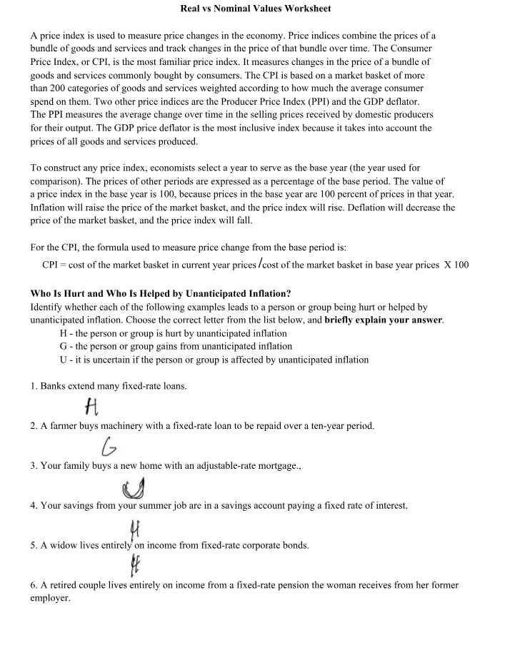 Worksheets on Unemployment and Real vs Nominal Values