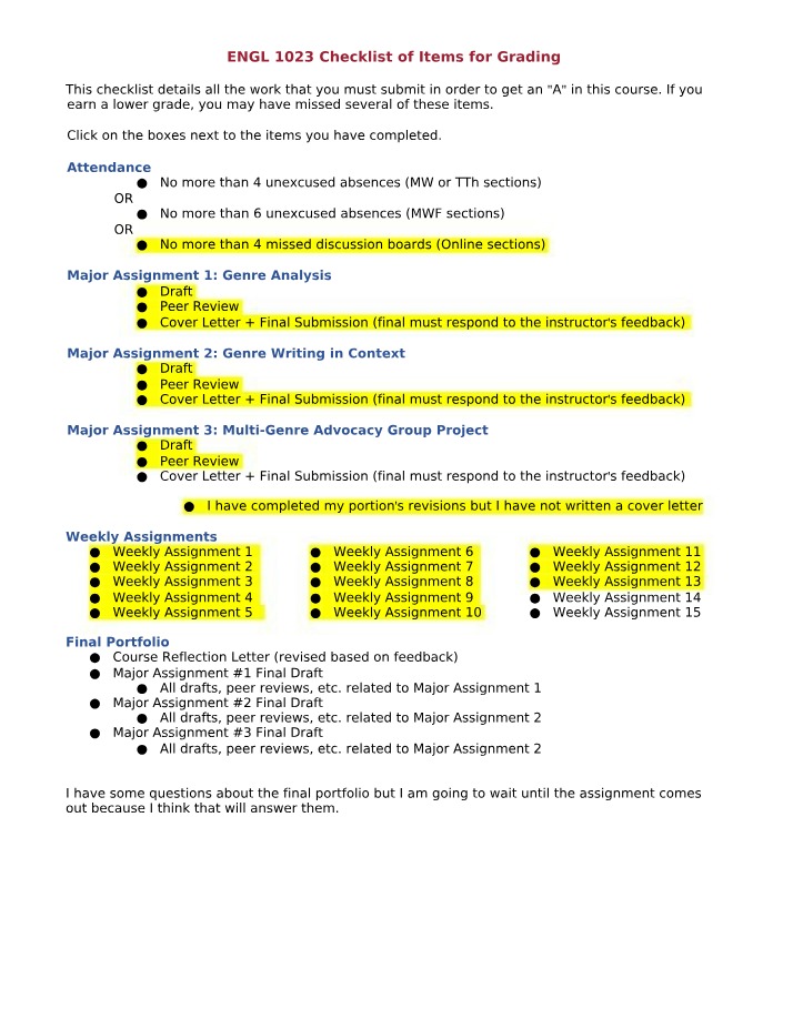 ENGL 1023 Progress Checklist - Wendy Hoffert