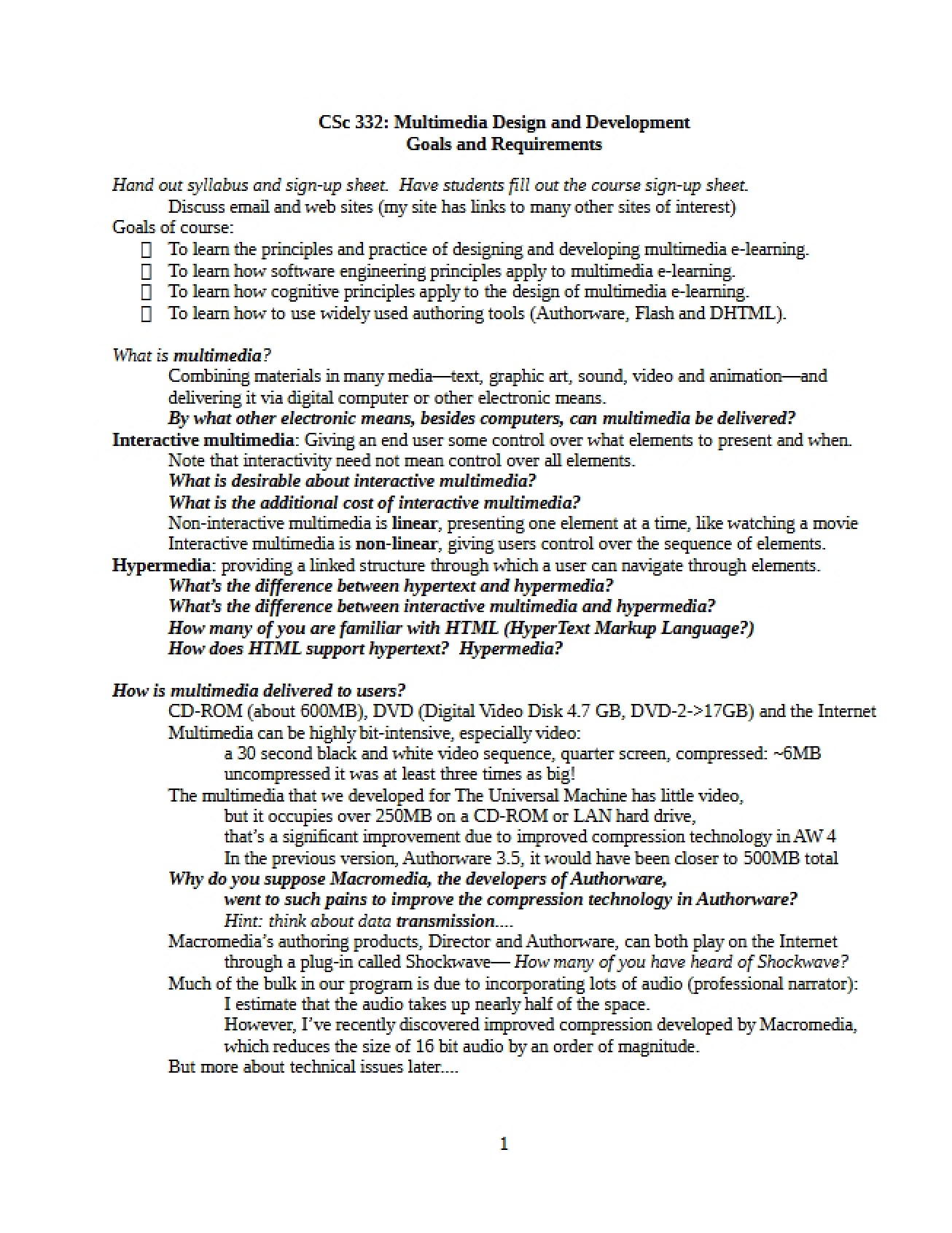 Establishing Requirements and Goals for Multimedia Design