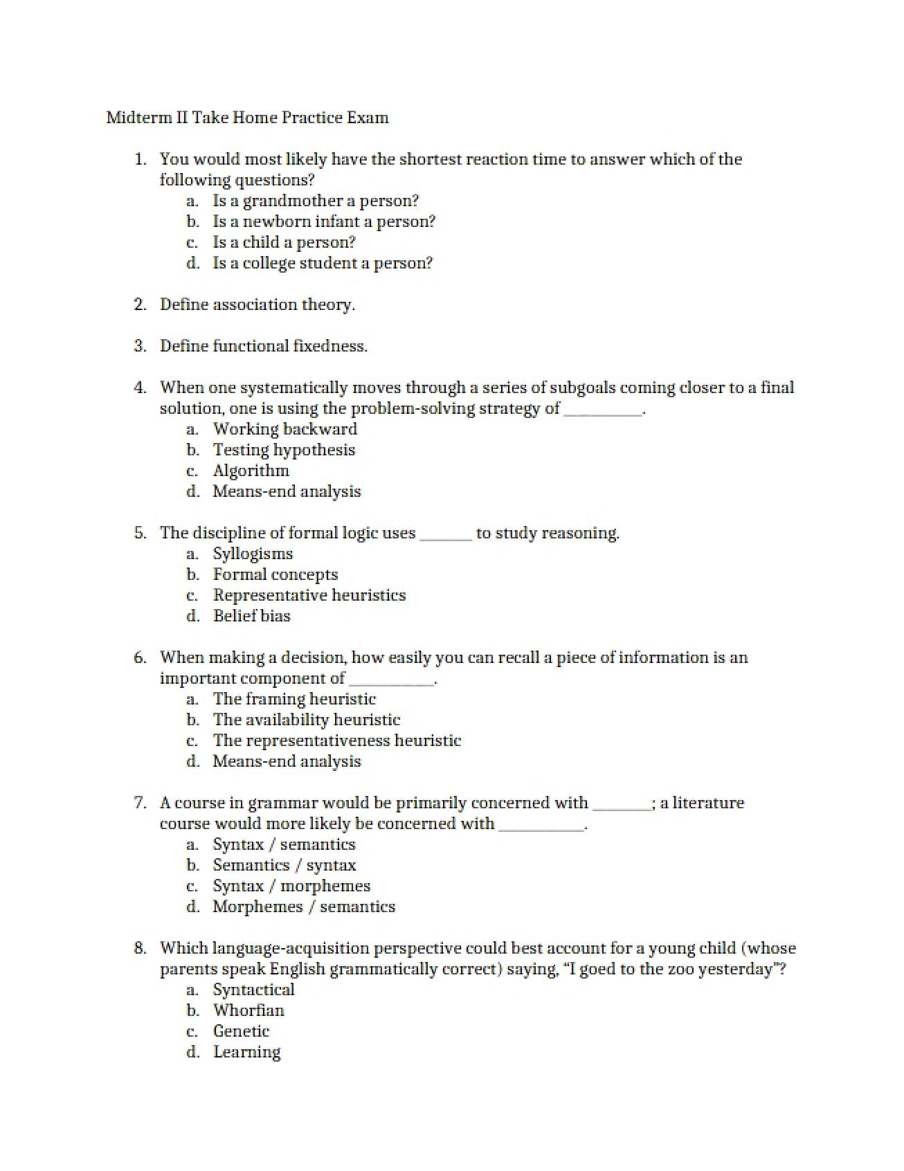 Practice Exam for Midterm II (Take Home)