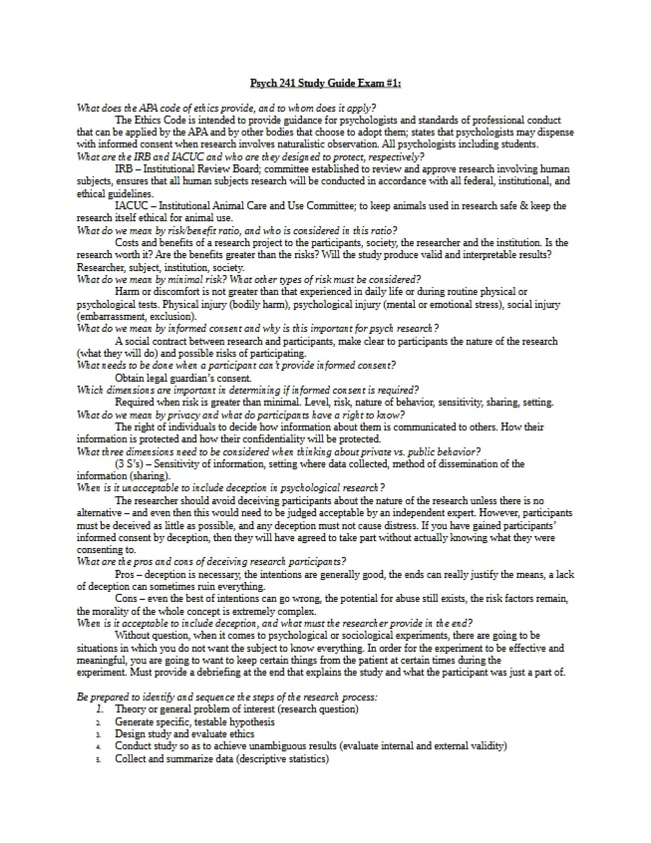 Psych 241 Exam One Guide