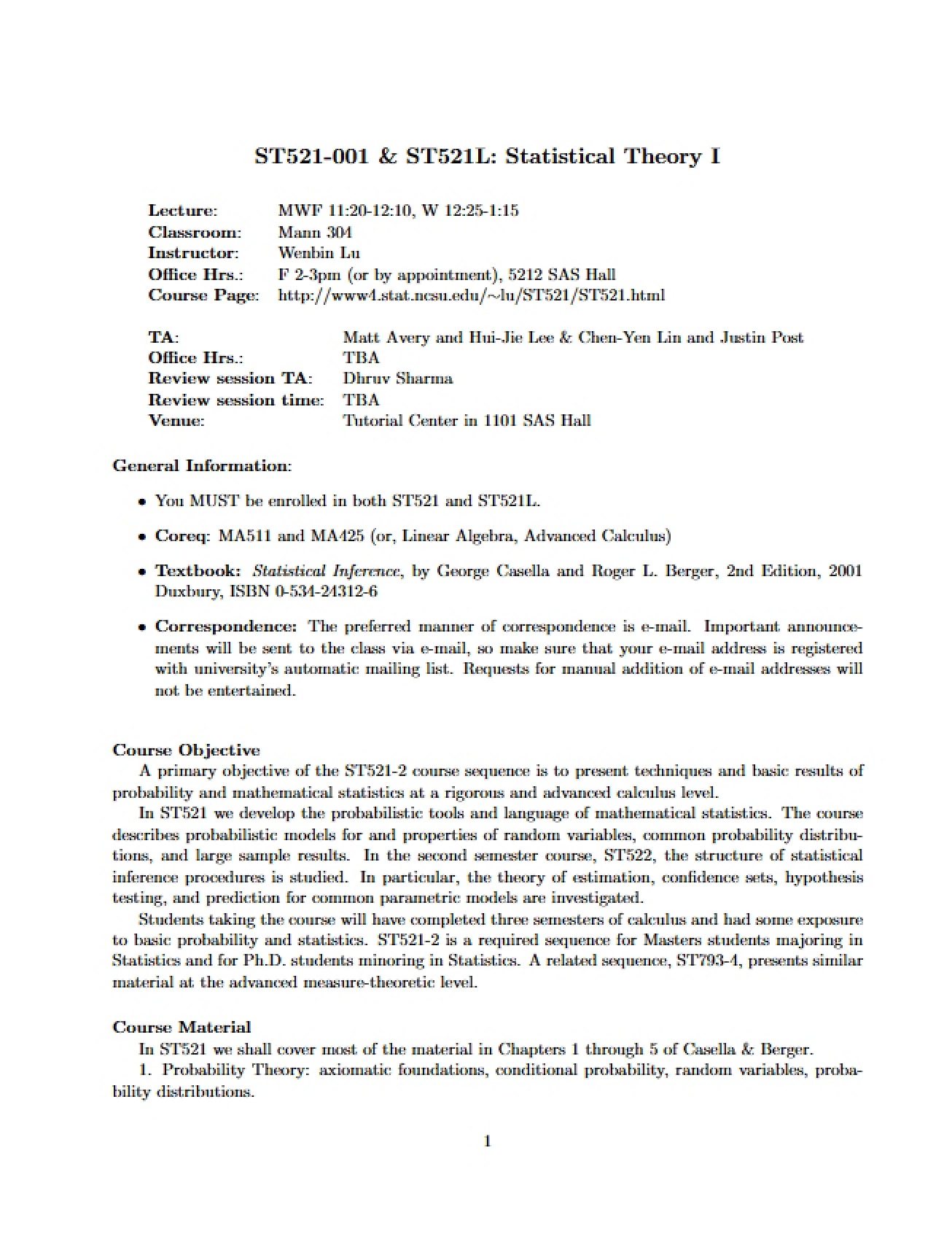 Statistical Theory I Syllabus