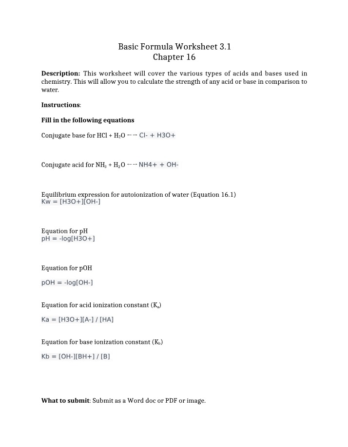 Chapter 16 - Basic Formula Worksheet 3.1