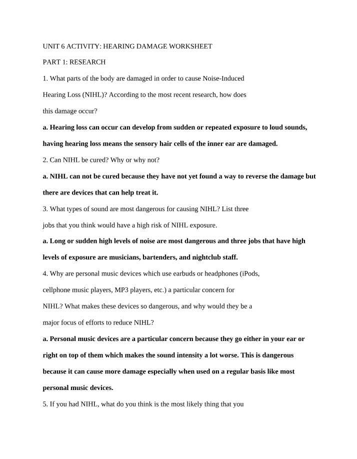 Worksheet on Hearing Damage (NIHL)