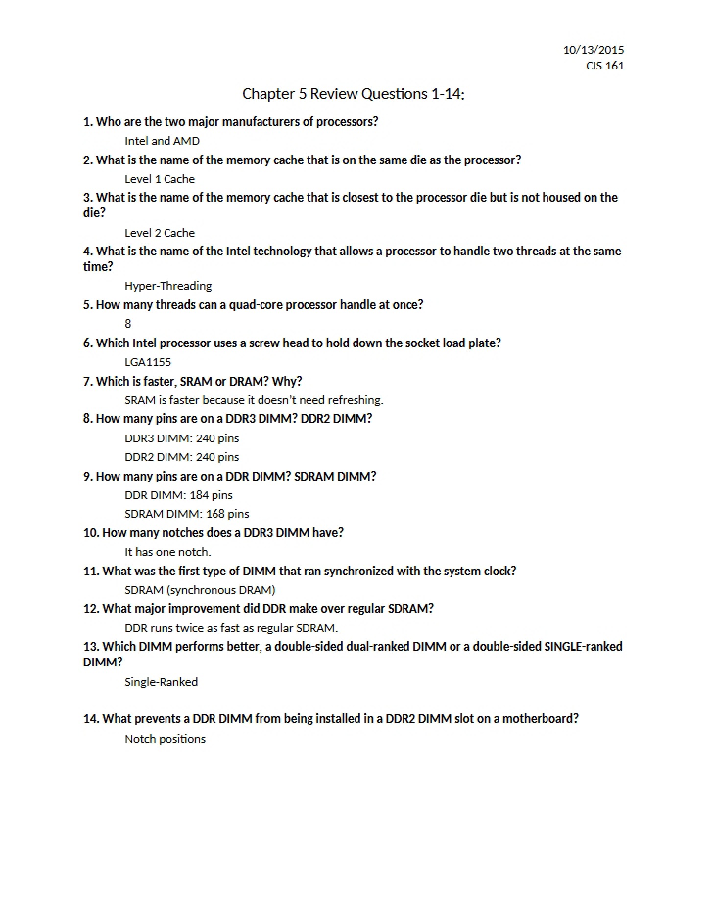 Questions for Chapter 5 Review (1-14)