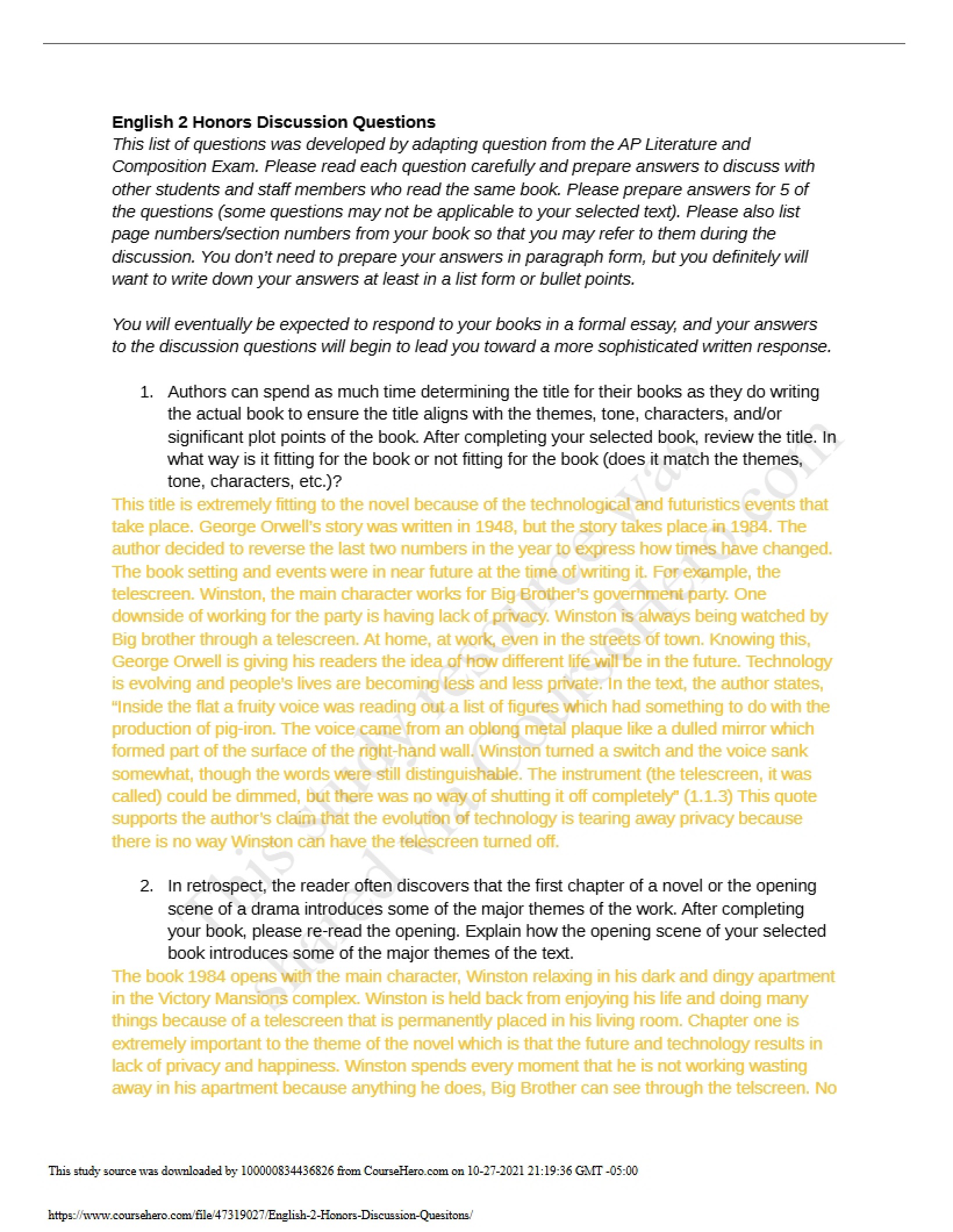 Discussion Questions for English 2 Honors
