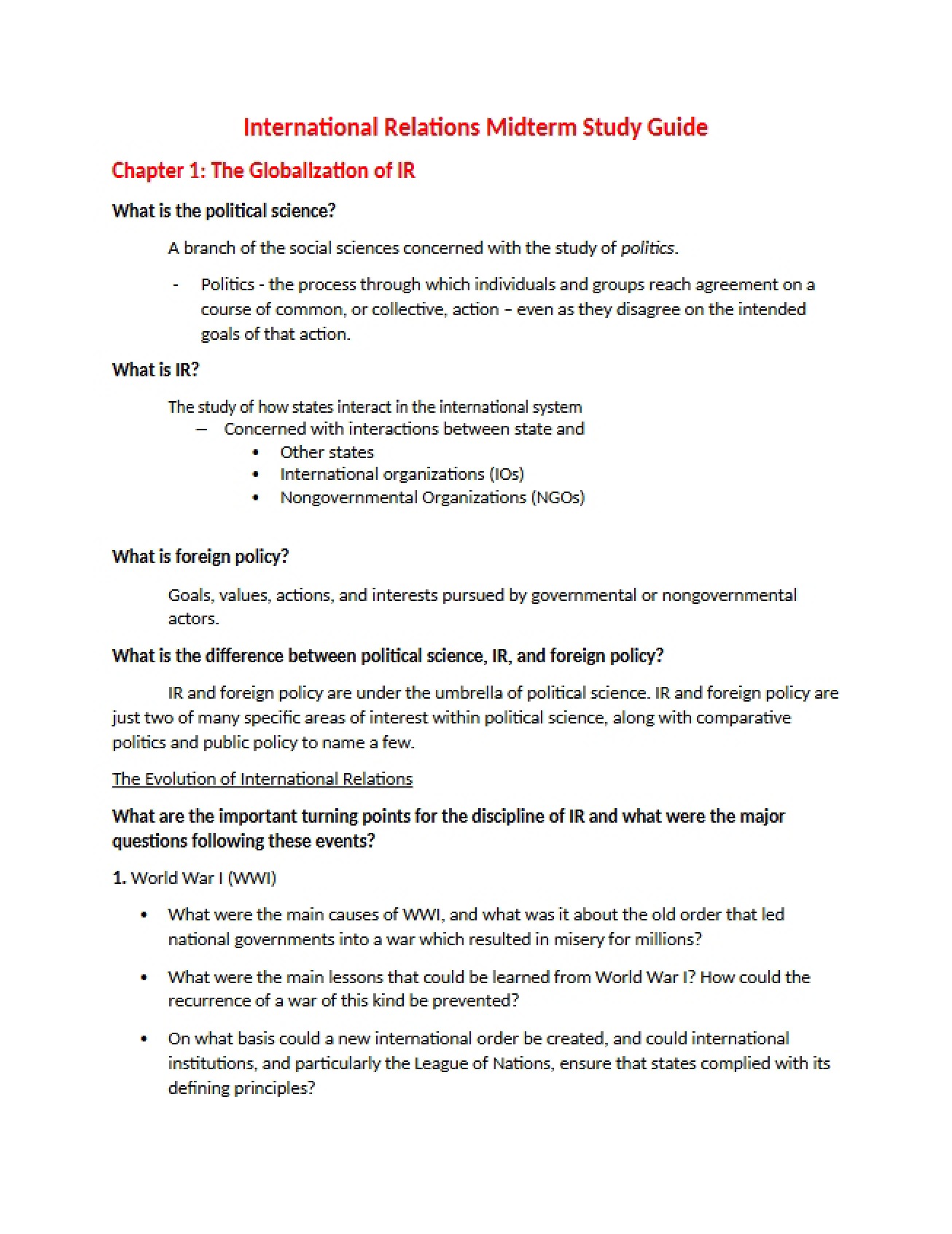 Study Material for IR Midterm