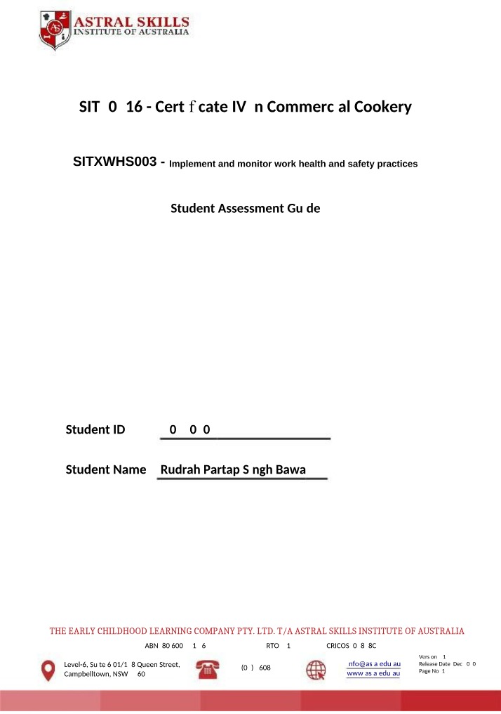 Assessment Guide for Implementing and Monitoring WHS Practices