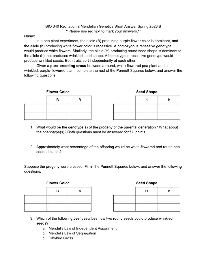 Recitation for Mendelian Genetics Short Answer