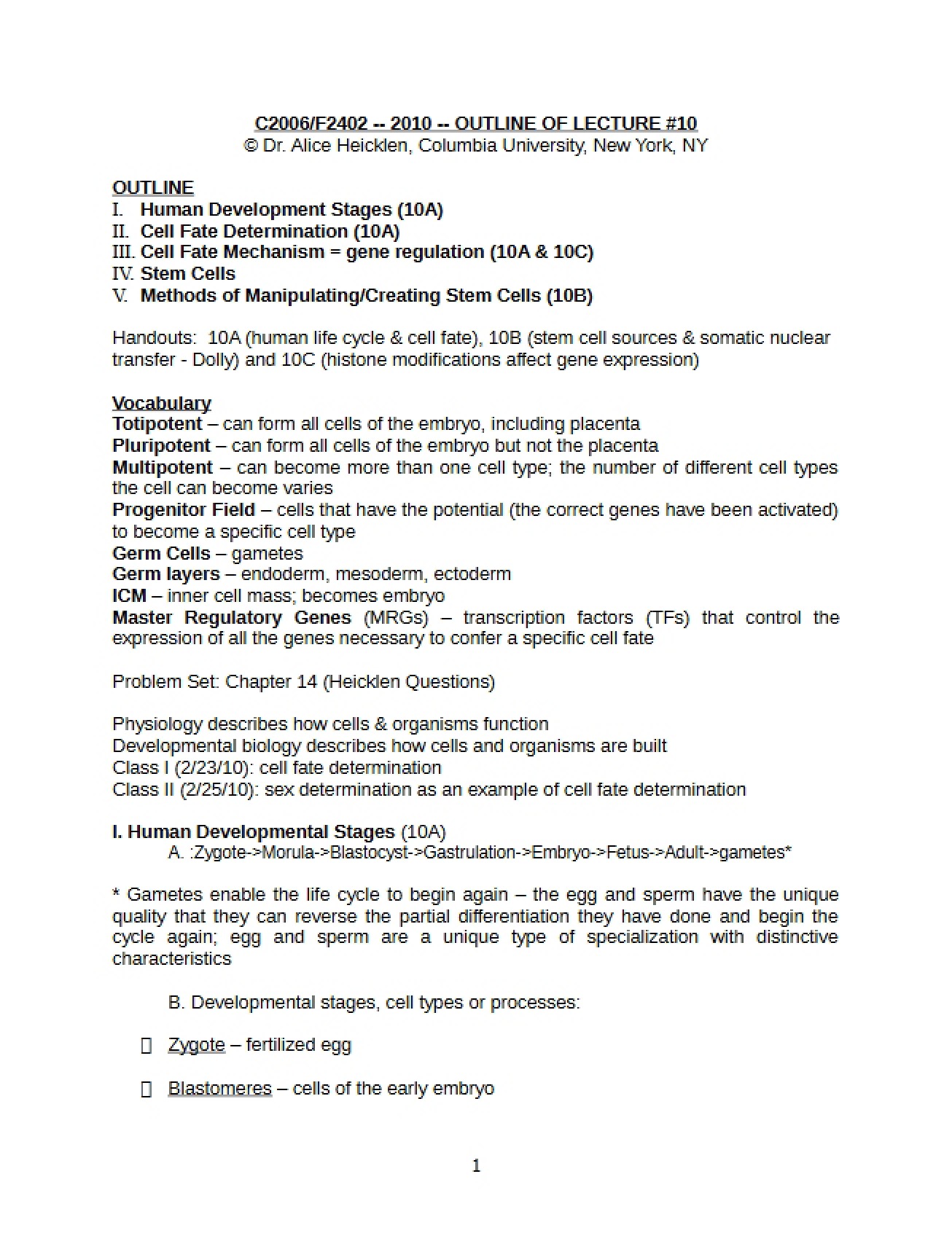 Outline for Lecture