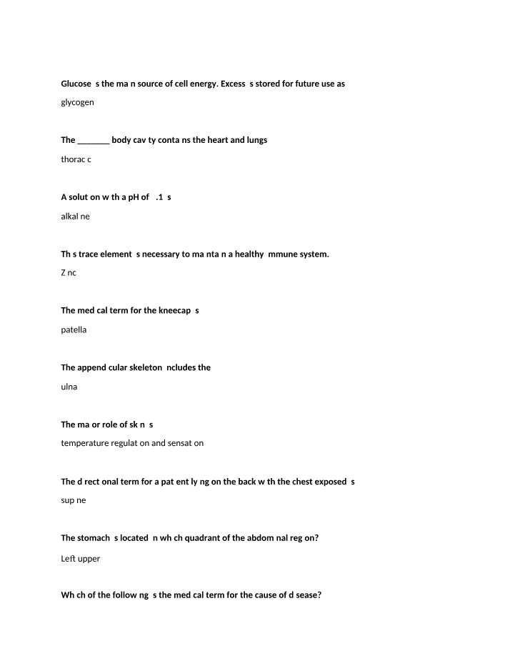 Human Anatomy Quiz - Glucose Functions and pH Levels