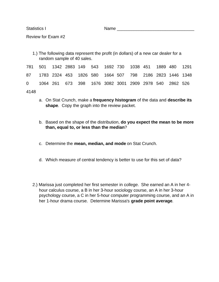 Statistics Exam 2 Review